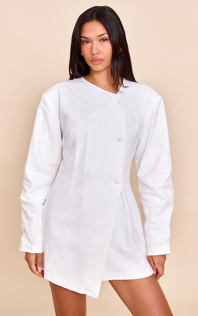 White Premium Linen Cinched Waist Cocoon Sleeve Mini Dress