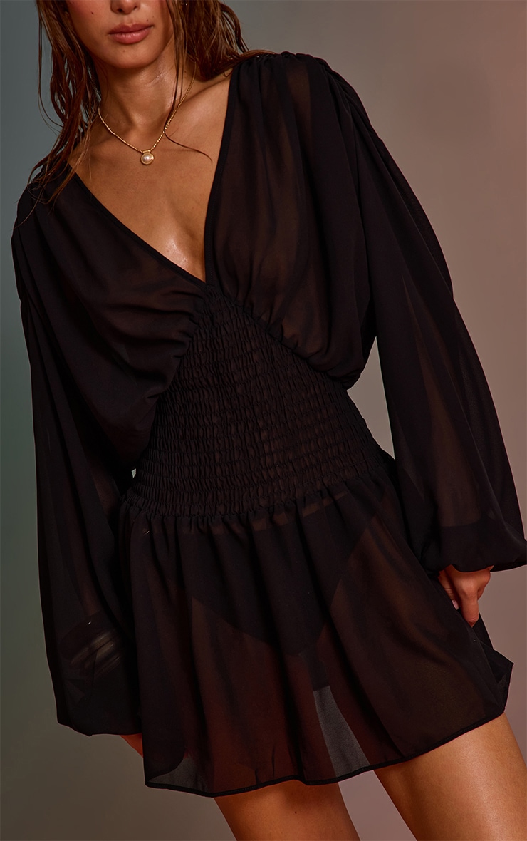 Black Chiffon Shirred Waist Mini Beach Dress image 4