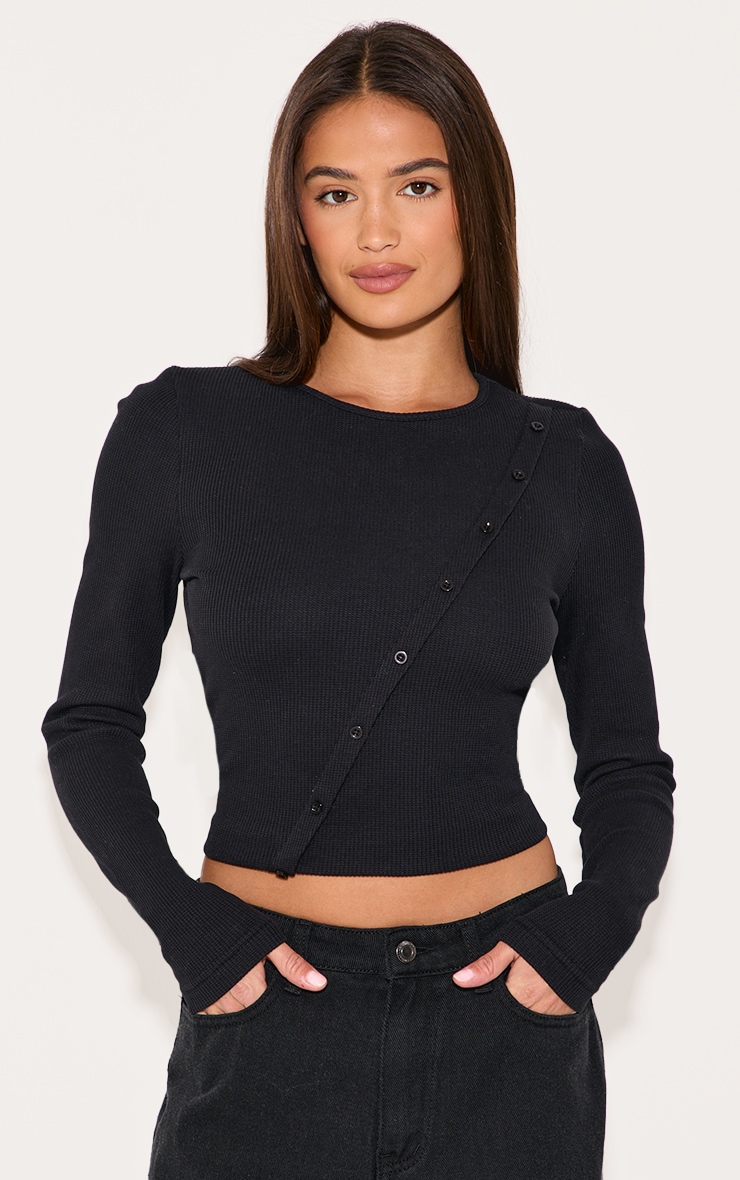Black Waffle Asymmetric Button Up Long Sleeve Top