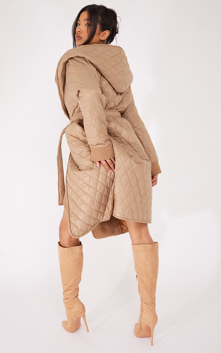 Sand Nylon Quilted Borg Lined Hooded Coat image 2