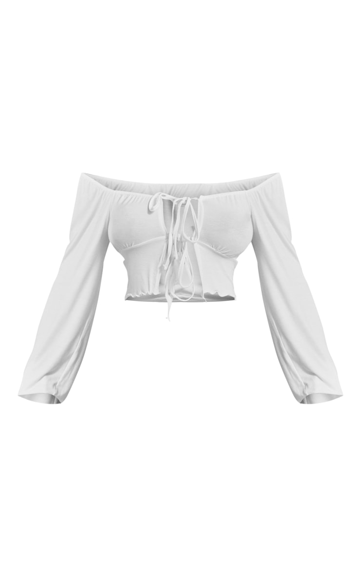 White Jersey Bardot Double Tie Long Sleeve Crop Top image 5