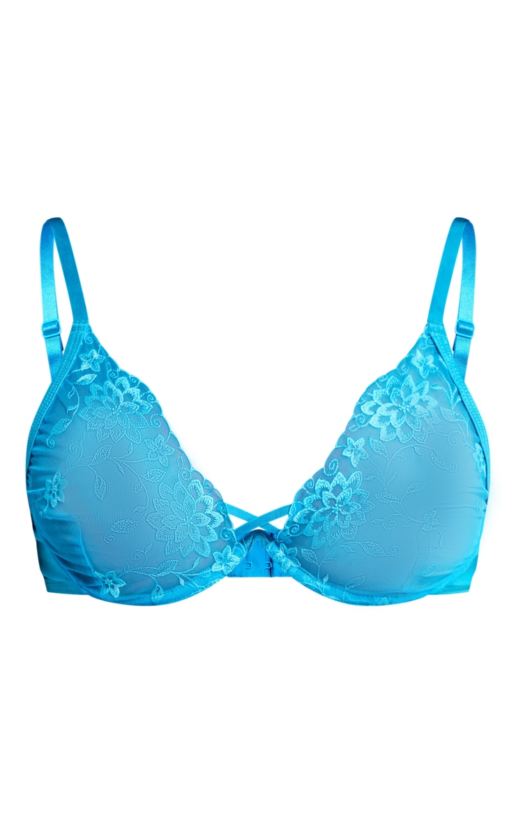 Bright Blue Floral Embroidered Lace Underwired Lace Up Detail Bra image 5