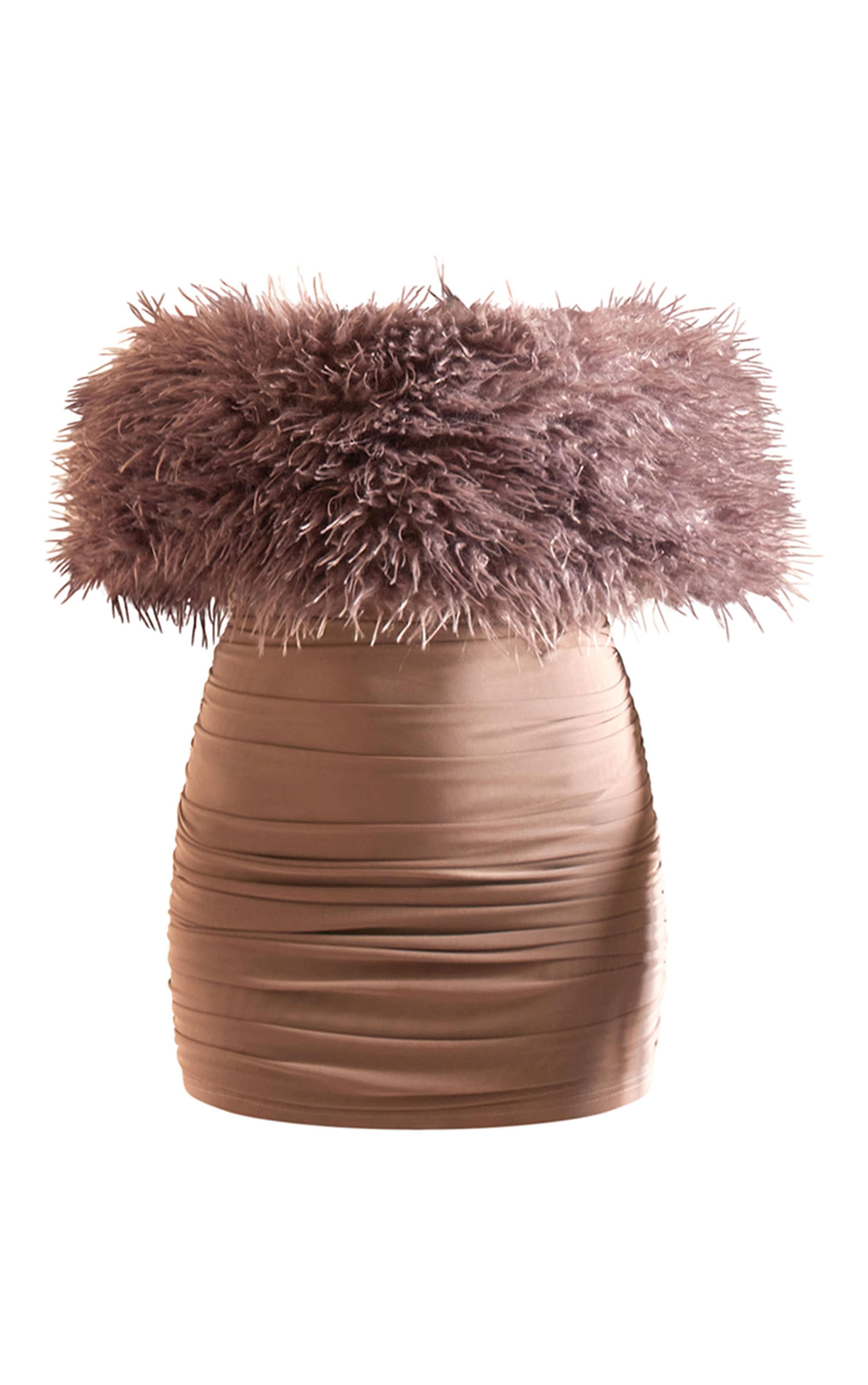 PLT Label Taupe Bandage Mesh Faux Shearling Bardot Ruched Bodycon Dress image 5