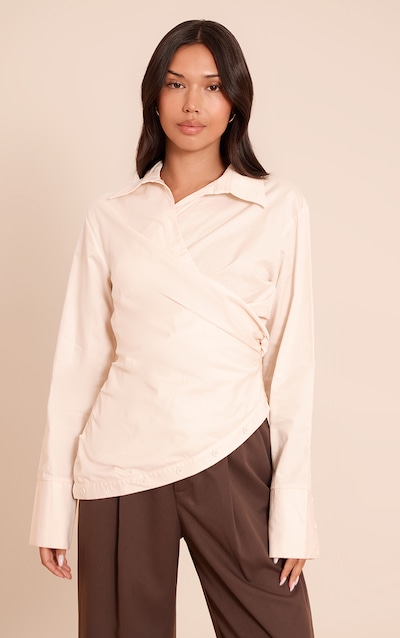Chemise cache-coeur crème froncée à manches longues