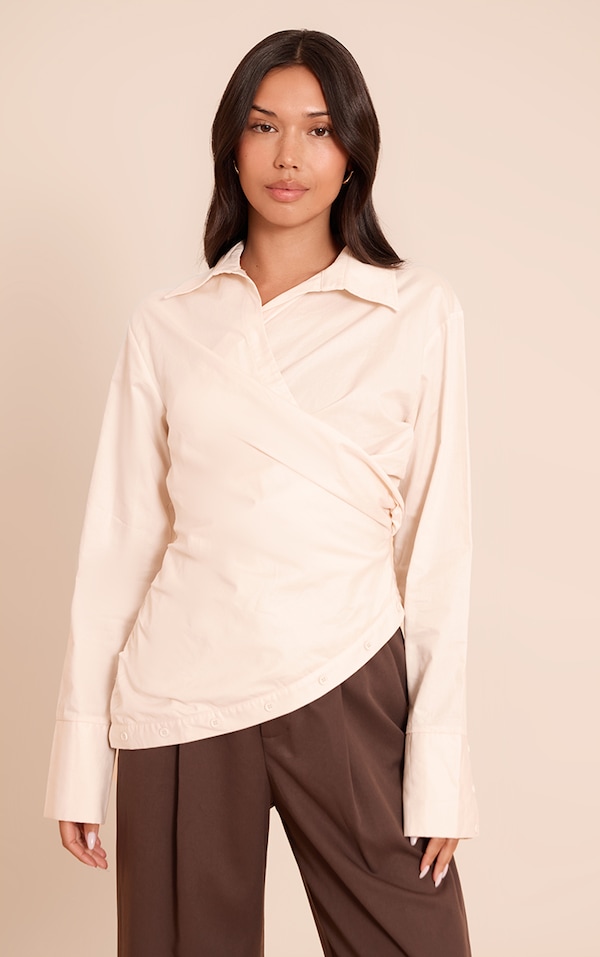 Cream Ruched Wrap Detail Long Sleeve Shirt