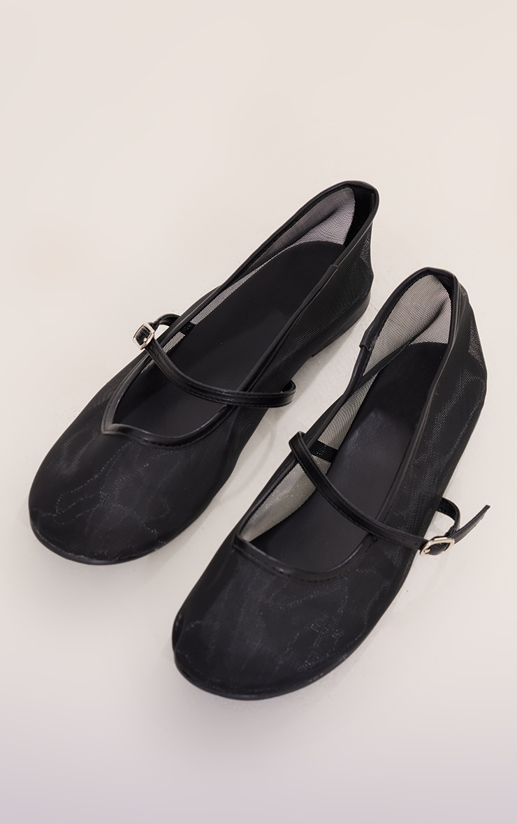 Black Round Toe Mesh Buckle Ballet Pumps image 4