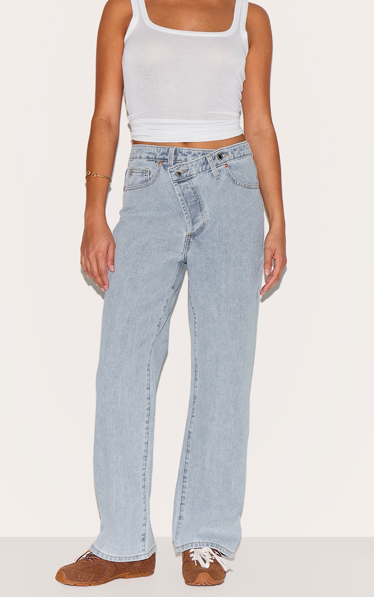 Jean Droit Petite Taille en Denim Bleu Clair avec Ceinture Asymétrique image 2