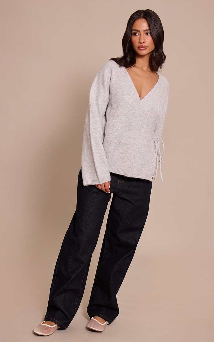 Petite Grey Wrap Tie Side Knitted Sweater image 3