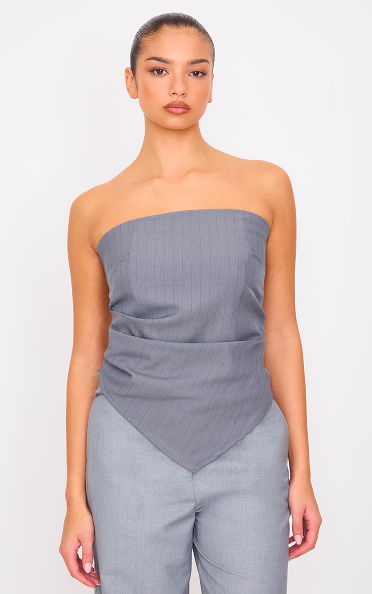 Charcoal Pinstripe Drape Detail Bandeau Top