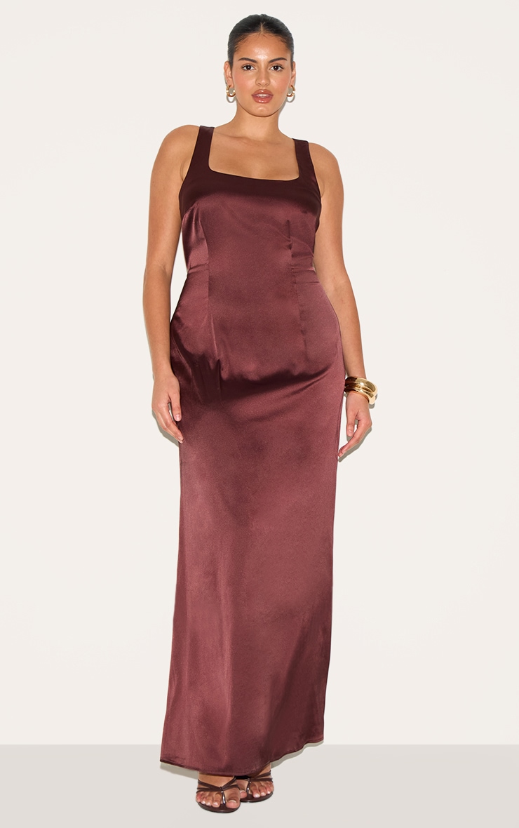 Plus Chocolate Satin Cross Back Midaxi Dress image 1