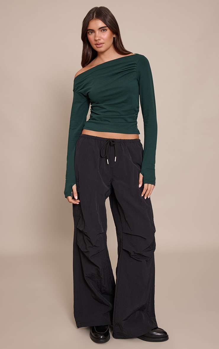 Forest Green Soft Cotton Ruched Asymmetric Long Sleeve Top