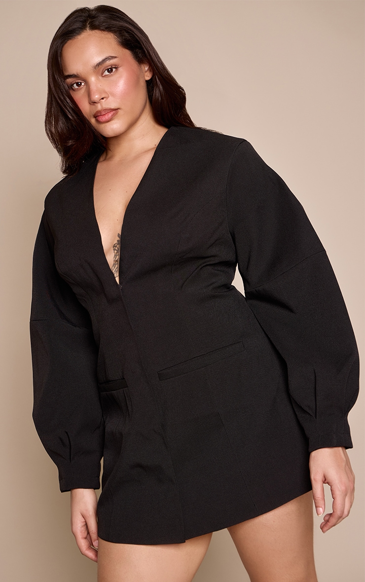 Plus Black Balloon Sleeve Blazer Dress