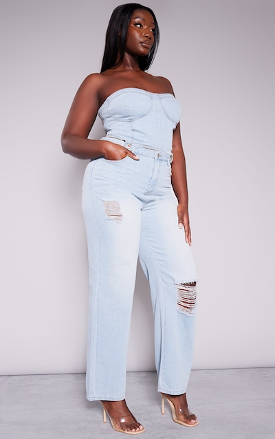 Plus Light Blue Wash Detachable Bandeau Denim Jumpsuit