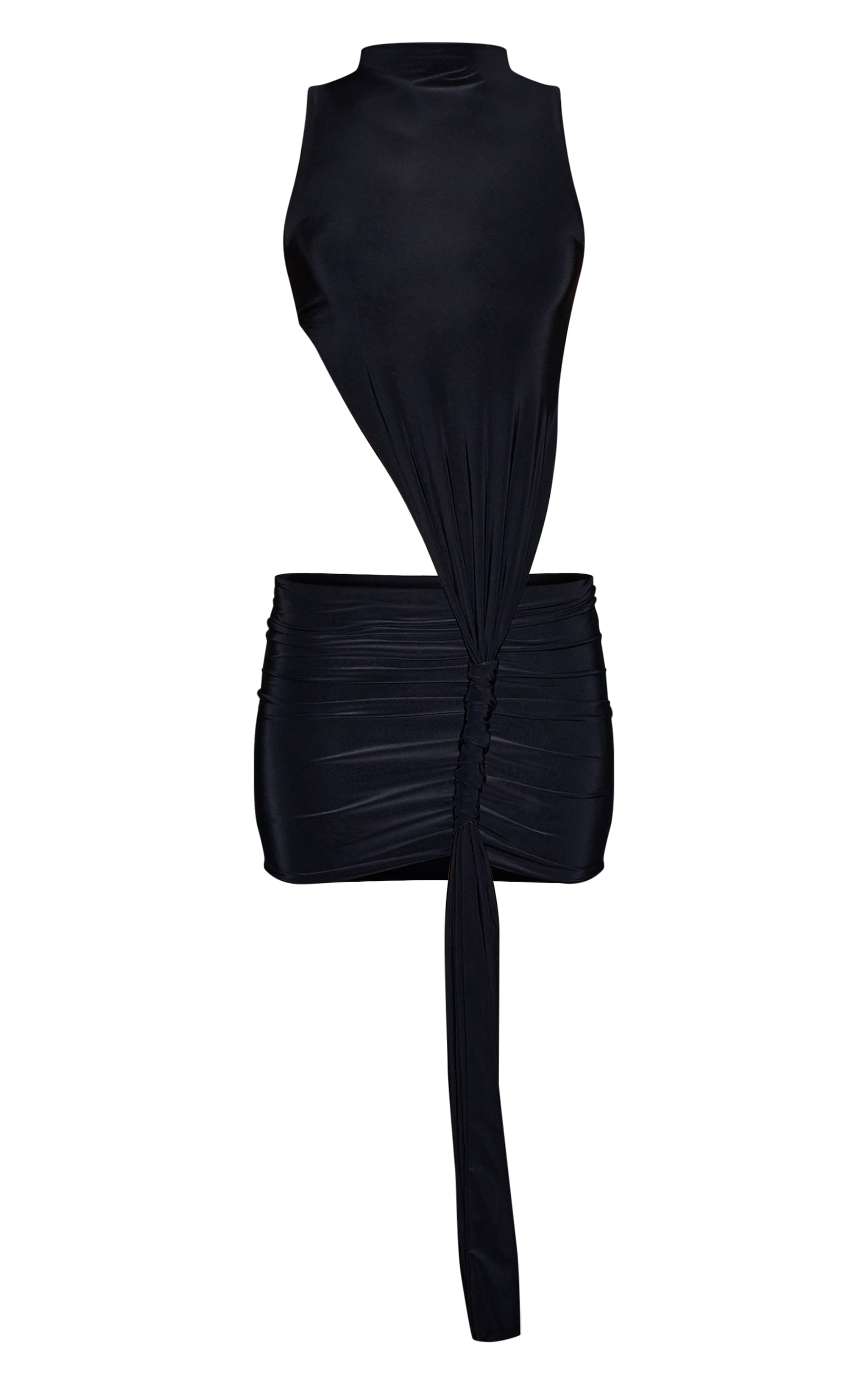 Black Slinky Cut Out Ruched High Neck Mini Dress