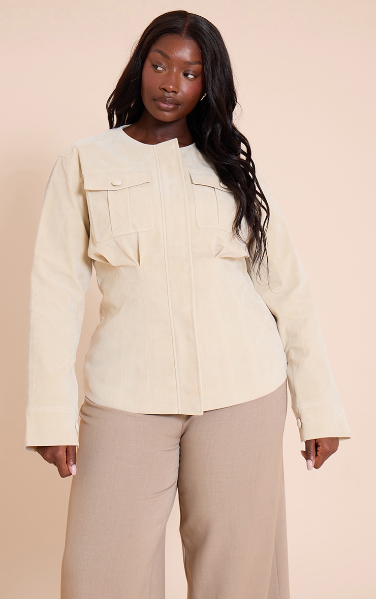 Plus Ecru Faux Suede Cinch Waist Covered Button Jacket image 1