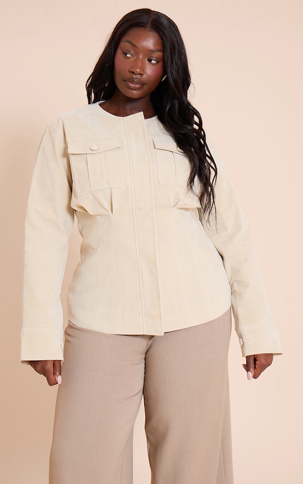 Plus Ecru Faux Suede Cinch Waist Covered Button Jacket