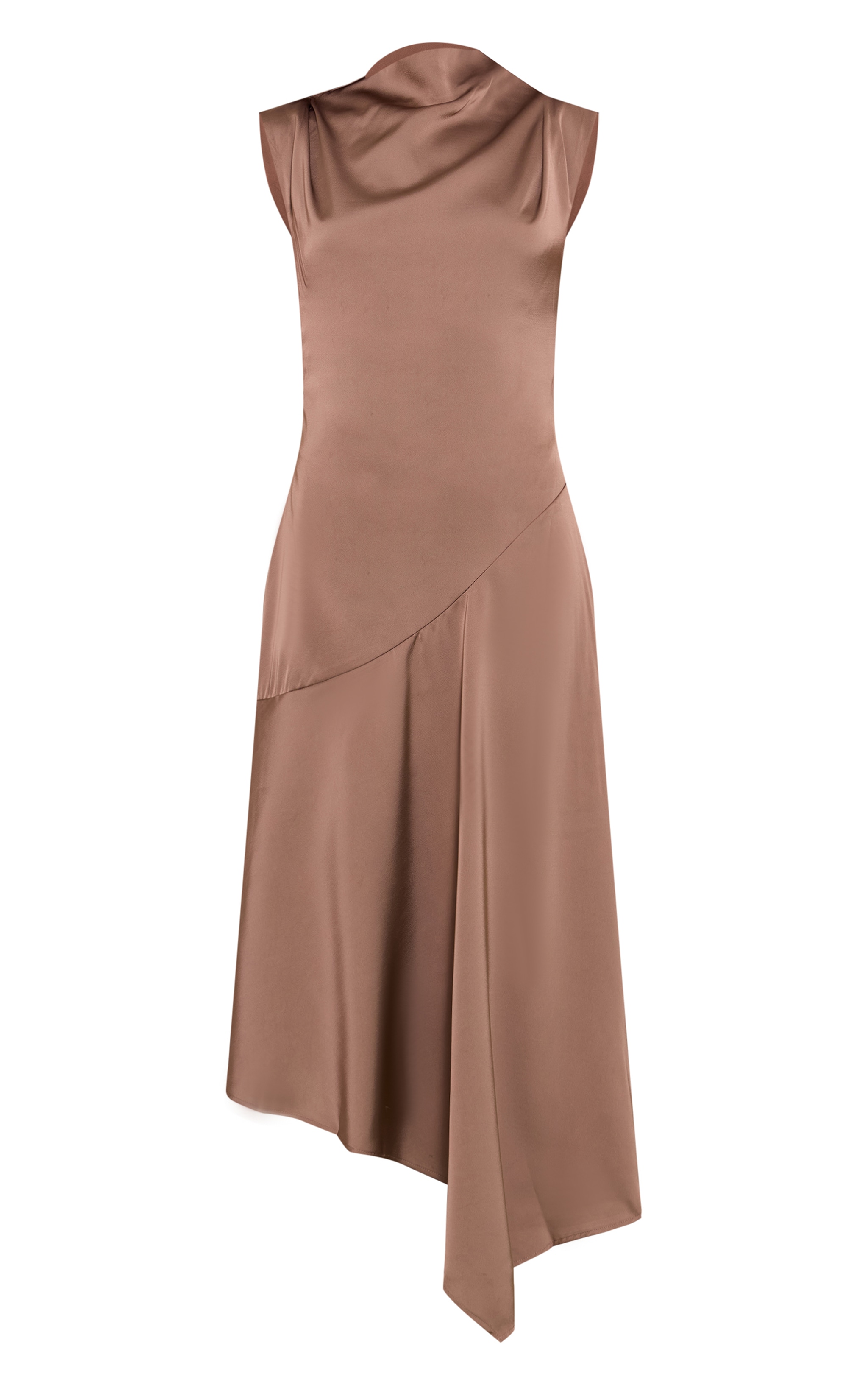 Robe mi-longue satinée taupe à col montant image 5