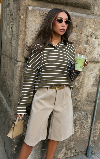 Top en coton kaki rayé à col polo et manches longues