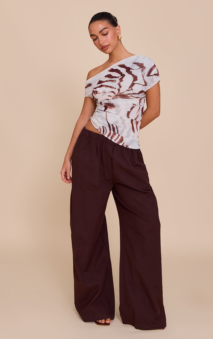 Pale Blue Abstract Shell Printed Chiffon Asymmetric Drape Long Top image 3