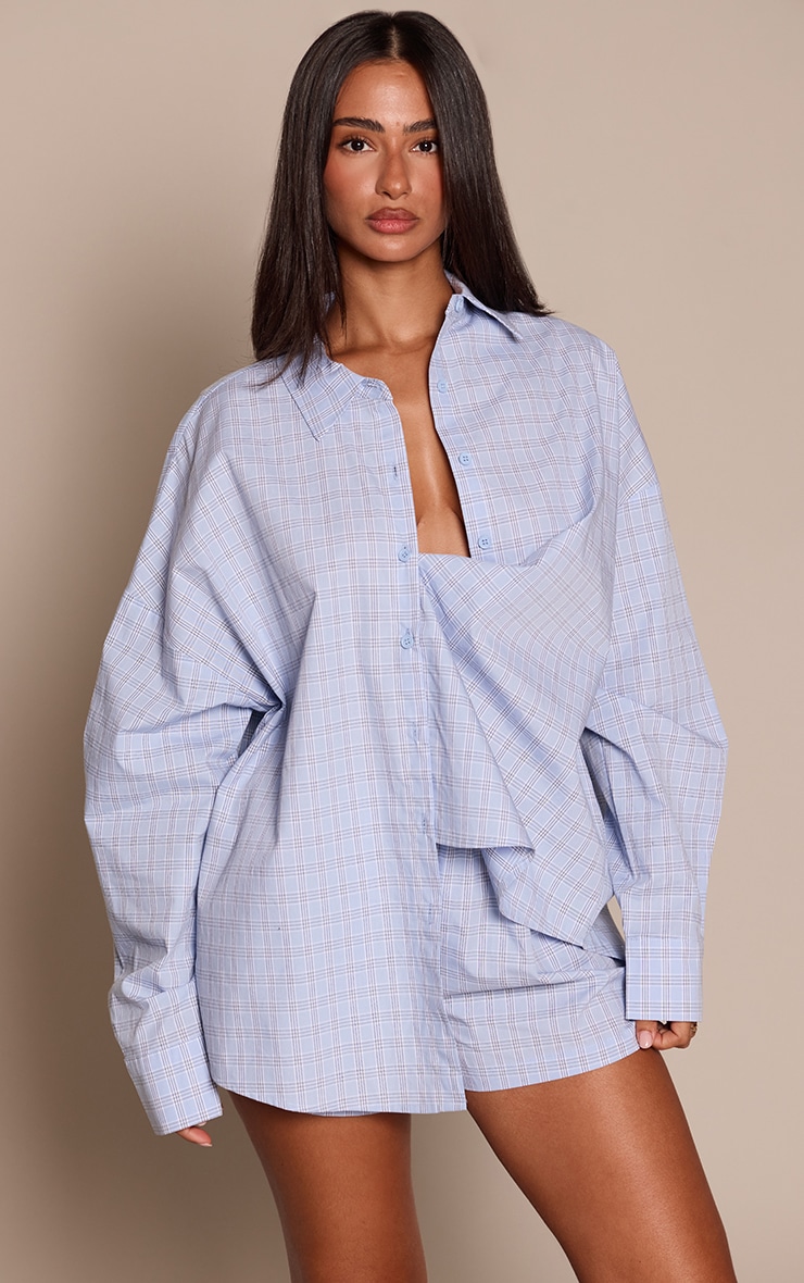 Petite Blue Check Poplin Long Sleeve Button Up Shirt
