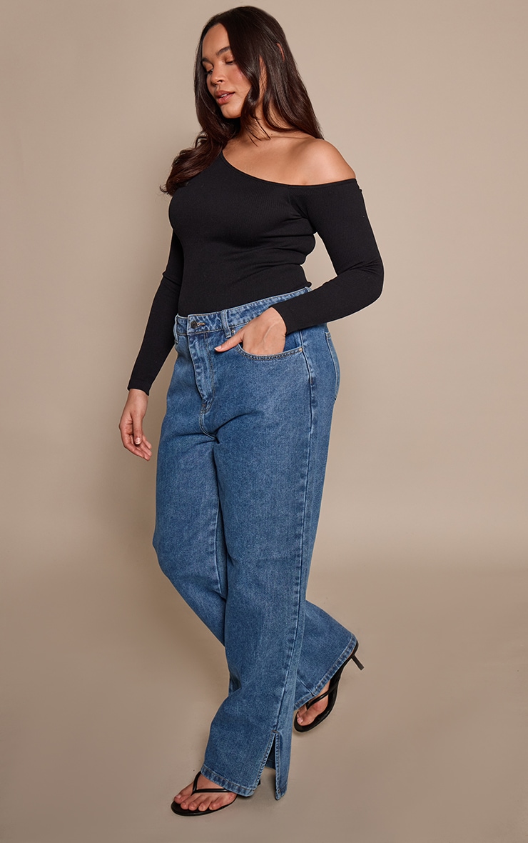 Plus Black Snatched Rib Asymmetric Long Sleeve Bodysuit image 3