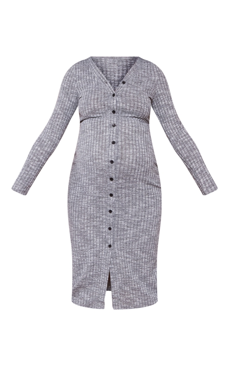 Maternity Grey Marl Fitted Soft Rib Midi Longsleeve Dress image 5