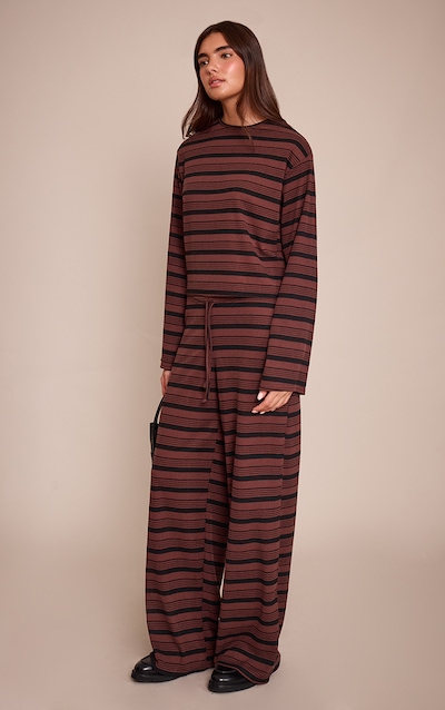 Chocolate Textured Stripe Drawstring Wide Leg Pant