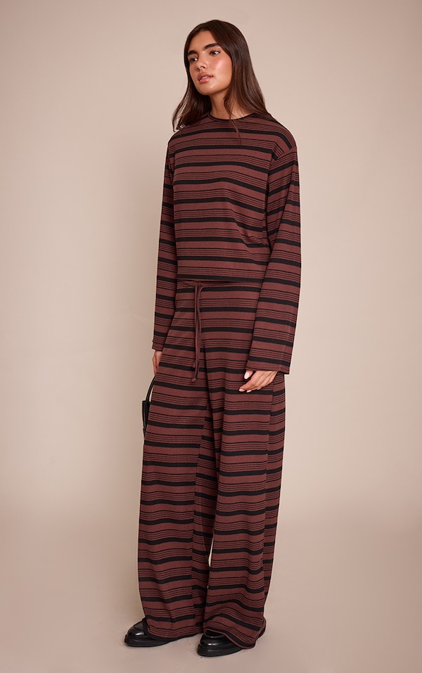 Chocolate Textured Stripe Drawstring Wide Leg Trouser