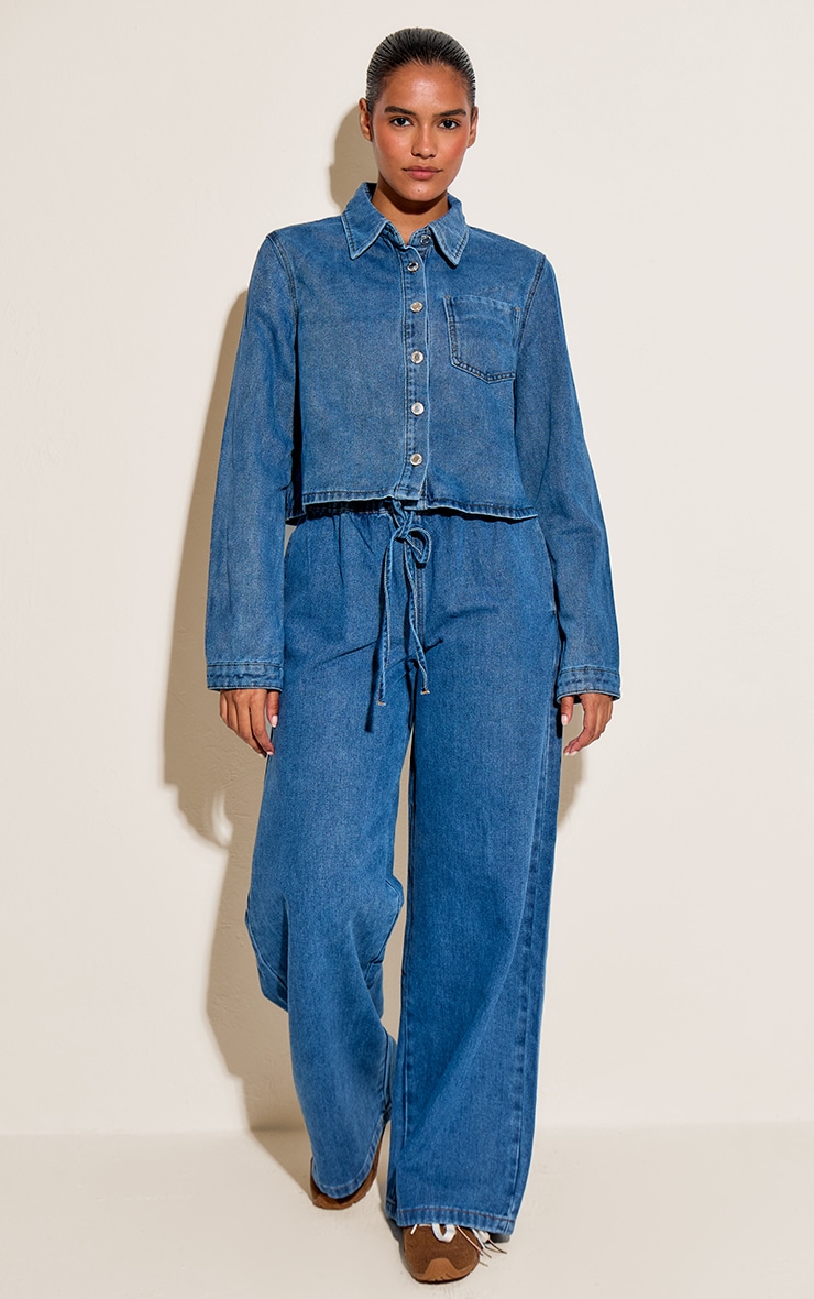 Mid Blue Relaxed Tie Waistband Wide Leg Jeans image 1