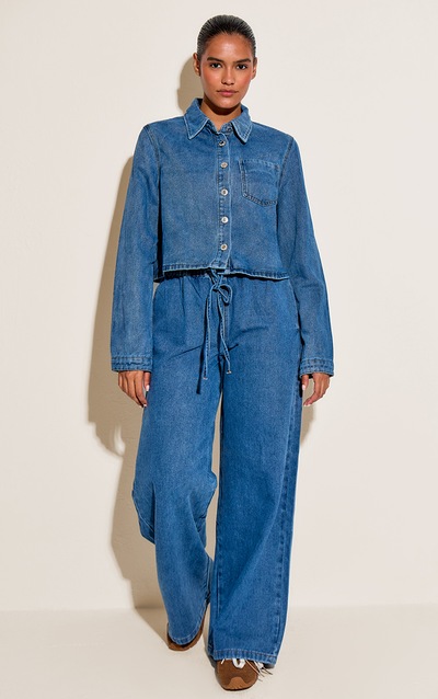 Mid Blue Relaxed Tie Waistband Wide Leg Jeans