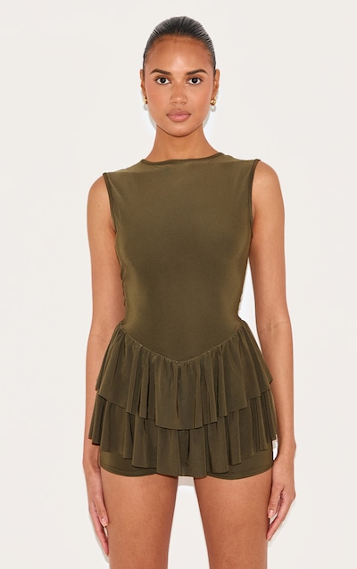 Khaki Slinky Rara Skort Playsuit