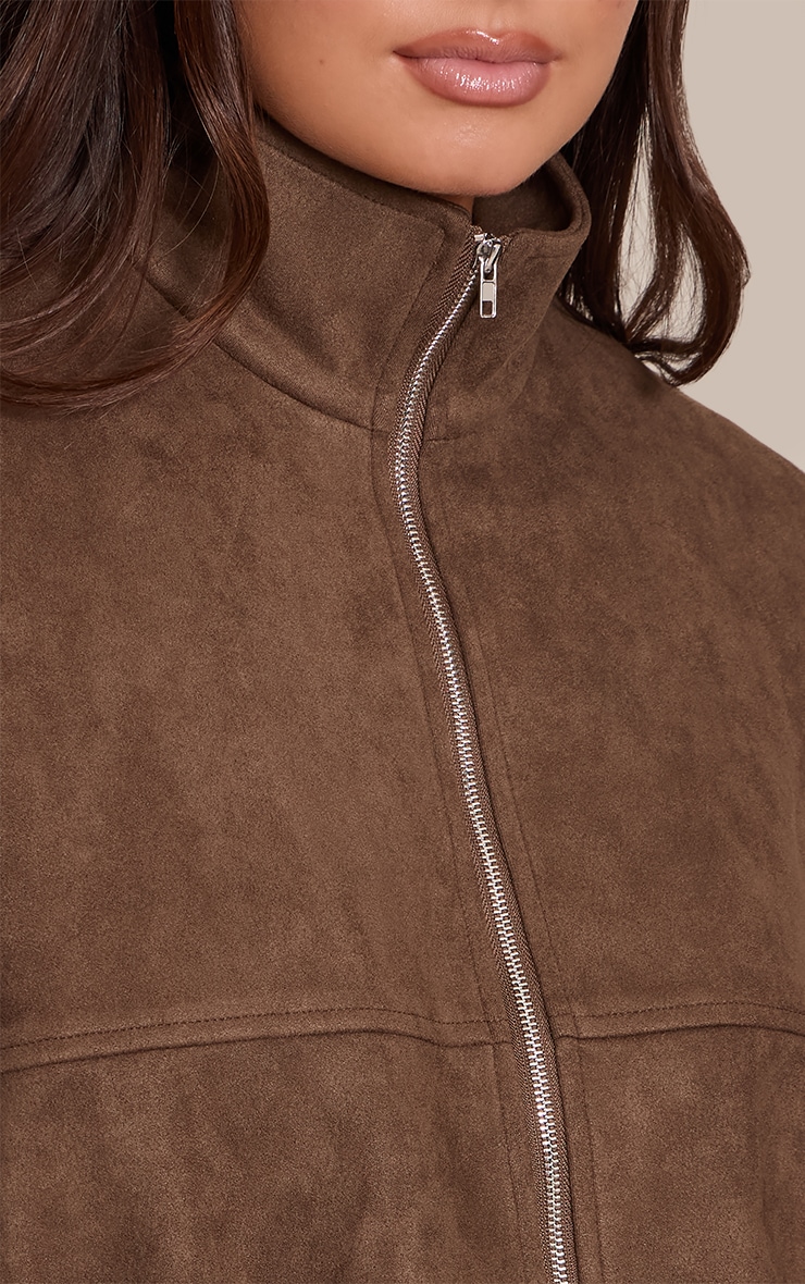 Chocolate Faux Suede Funnel Neck Zip Up Jacket image 4