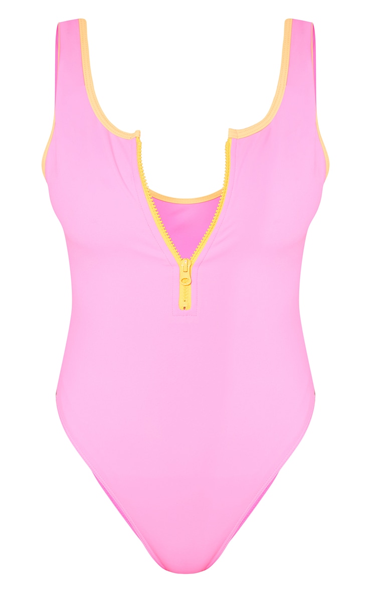 Pink Contrast Zip Front Scuba Swimsuit image 1