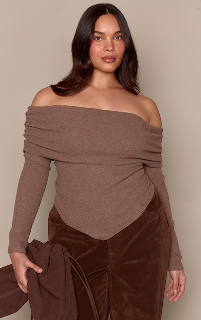 Plus Chocolate Soft Touch Rib Off The Shoulder Long Sleeve Top