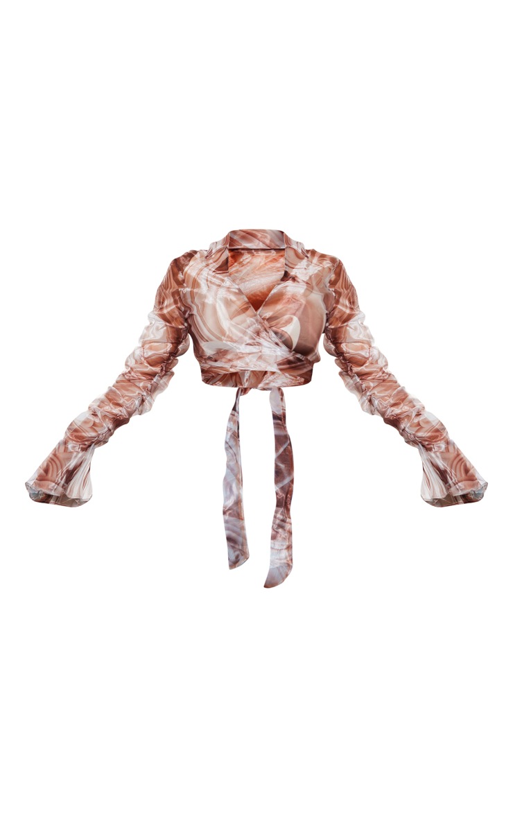 Brown Print Organza Wrap Crop Shirt image 1