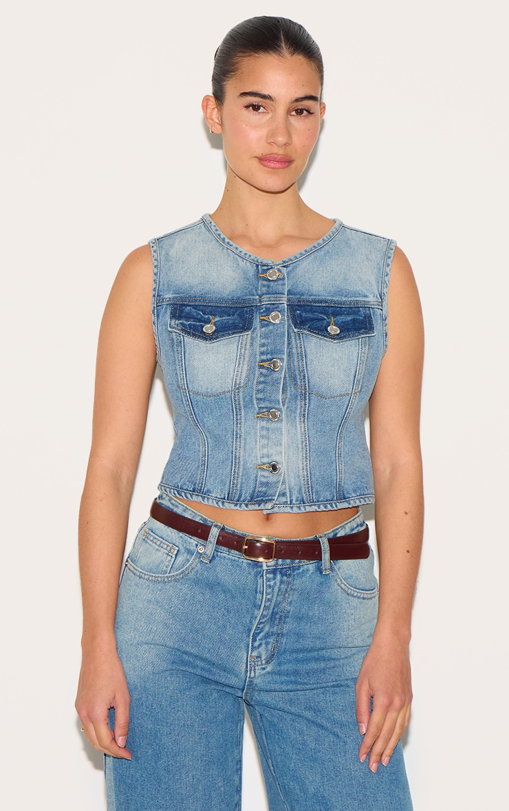 Mid Blue Wash Round Neck Sleeveless Denim Crop Top image 1