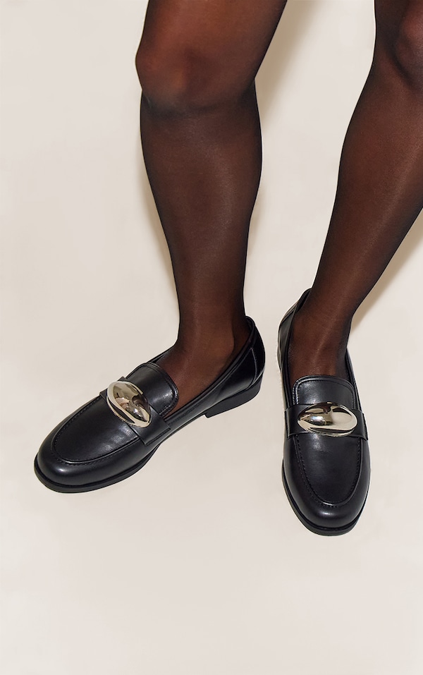 Black PU Gold Trim Square Toe Loafers