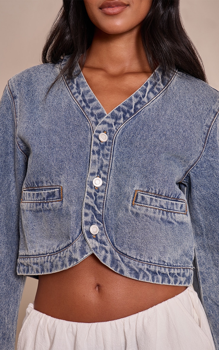 Tall Vintage V Neck Curved Hem Cropped Denim Jacket image 4