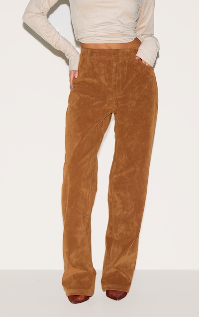 Petite Deep Tan Faux Suede Mid Rise Straight Leg Pants