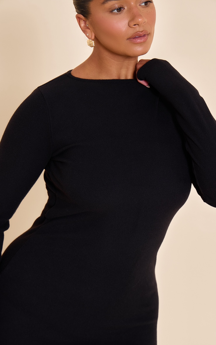 Shape Black Micro Rib Long Sleeve Boat Neck Mini Dress image 4
