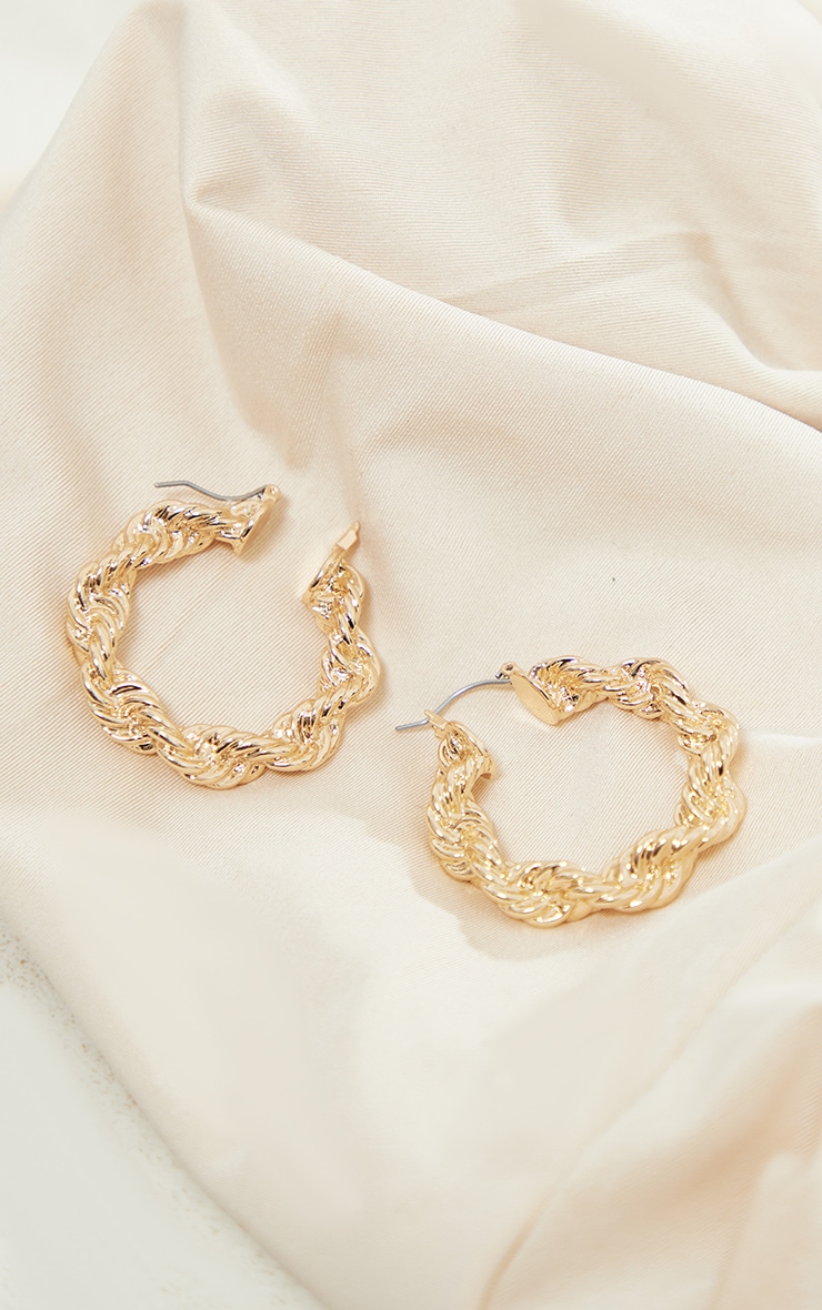 Gold Twisted Textured Hoop Earrings image 3