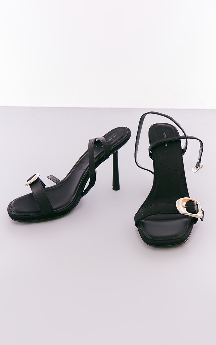 Black Satin Square Toe Strappy Buckle Heeled Sandals image 3