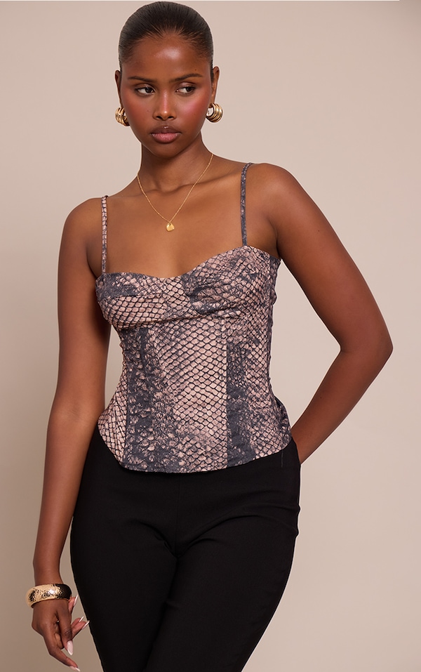Brown Snake Print Structured Corset Top