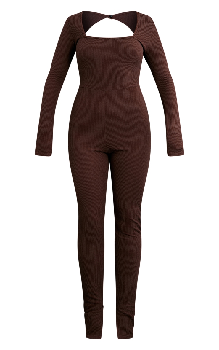 Chocolate Crinkle Rib Back Detail Long Sleeve Jumpsuit image 5