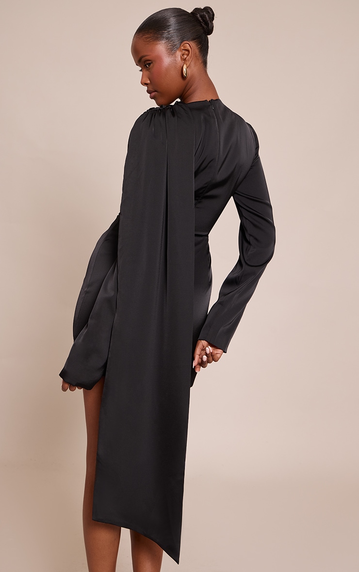 Black Satin Scarf Detail Long Sleeve Mini Dress image 2