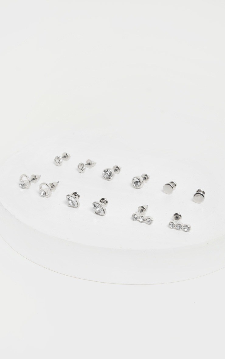 Silver Multi Crystal Small Stud Six Pack