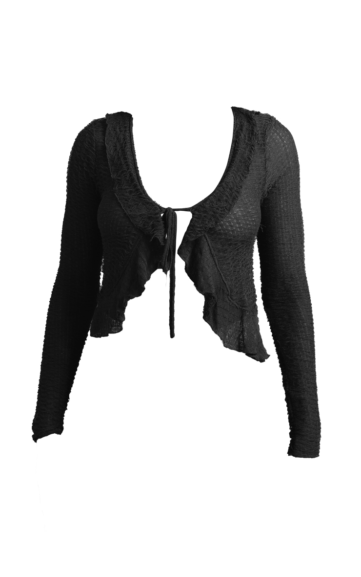 Black Textured Knit Look Ruffle Tie Shirt image 5