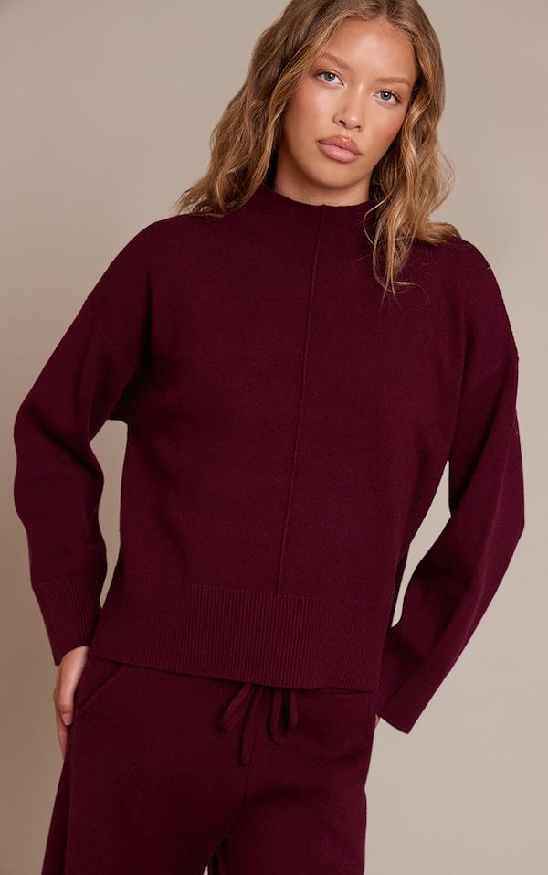 Burgundy Seam Detail Oversized Knitted Jumper