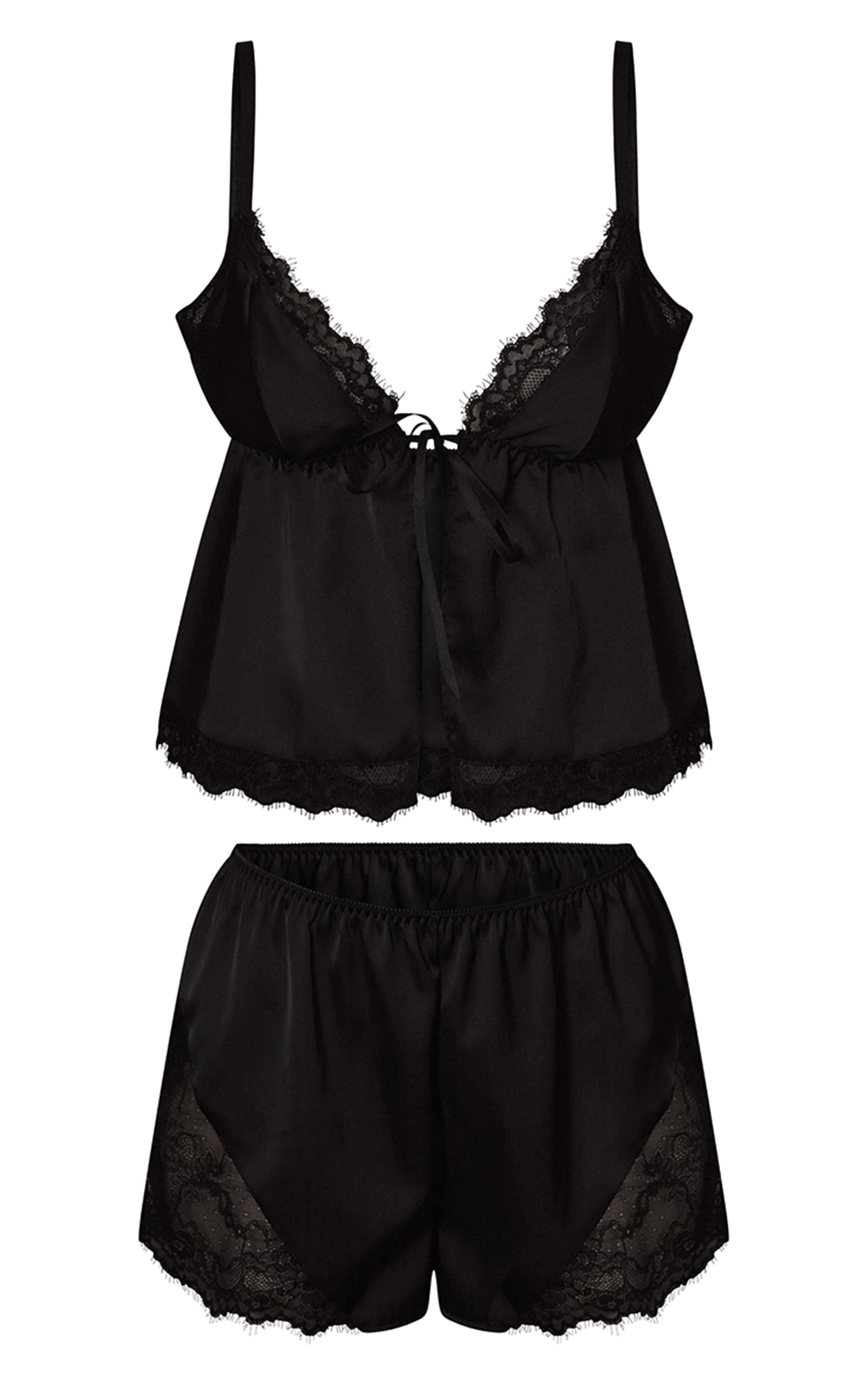 Black Tie Front Frill Detail Flowy Cami & Short Set  image 7