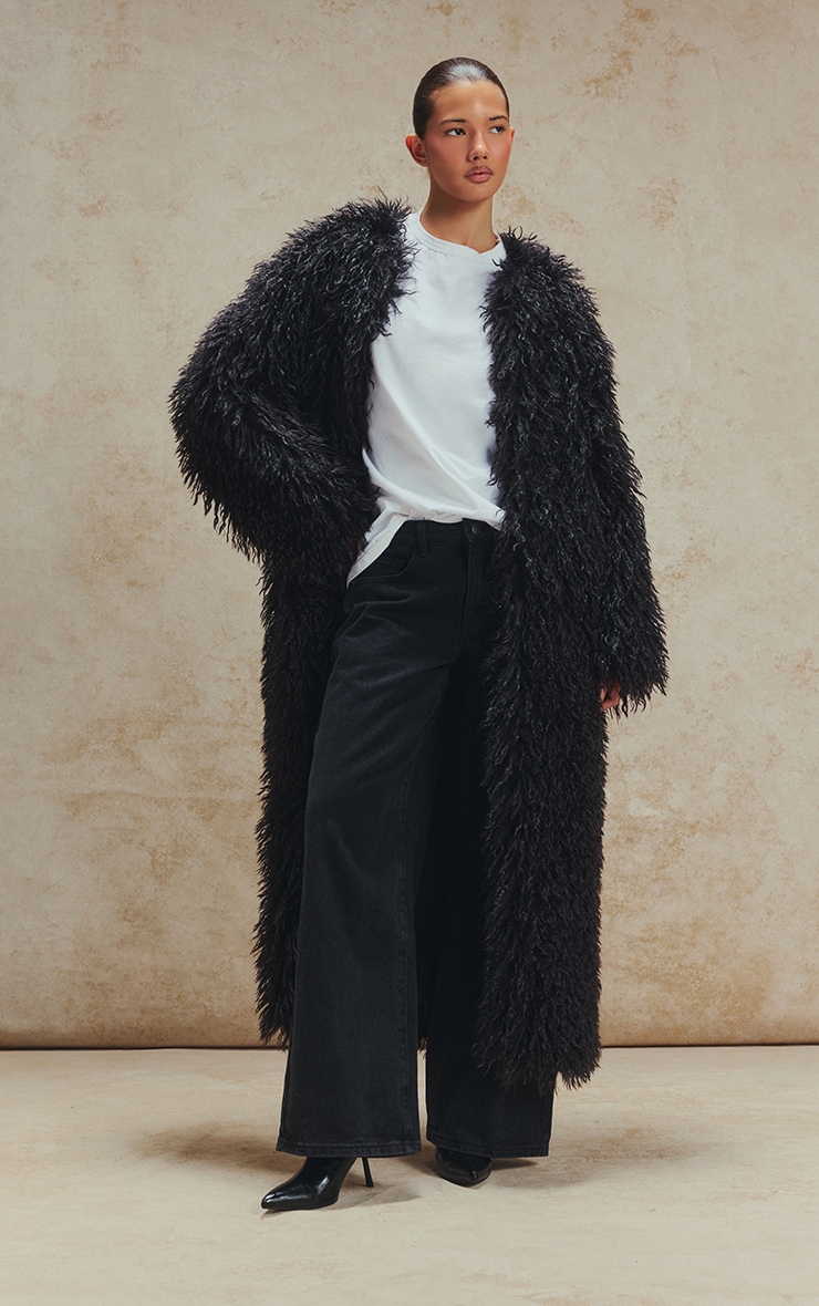 Black Faux Mongolian Fur Collarless Maxi Coat image 1